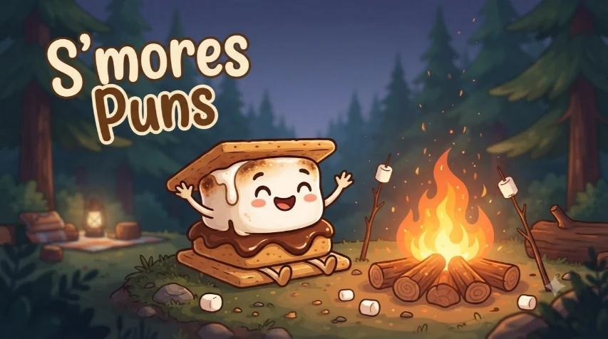 Happy cartoon s'mores by campfire