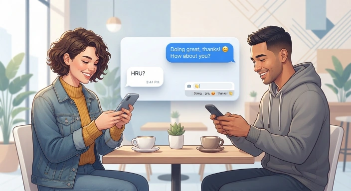 Two adults using smartphones to exchange a casual HRU check-in message