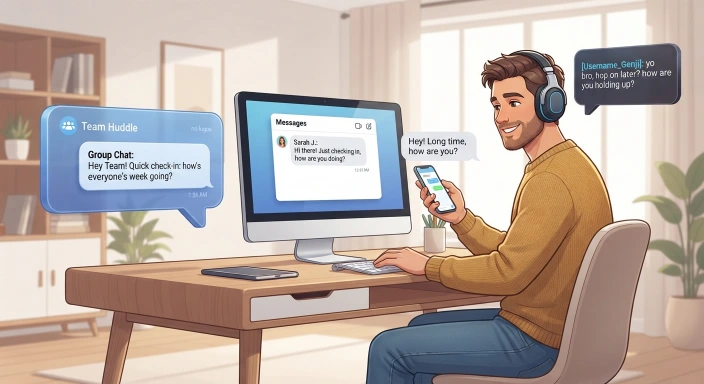 Adult using messaging, social media, group chat, and gaming platforms for casual communication