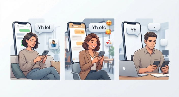 Three texting scenarios showing how YH can sound casual, friendly, neutral, or dry depending on context    