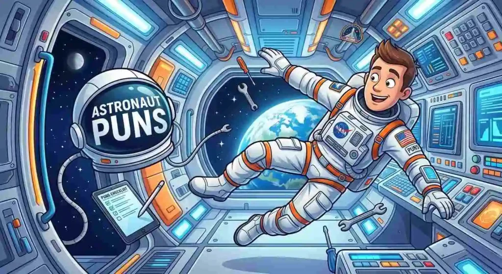 Funny astronaut floating through colorful space