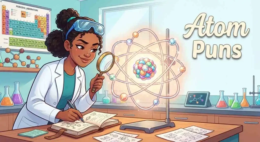 scientist studying glowing atom model.