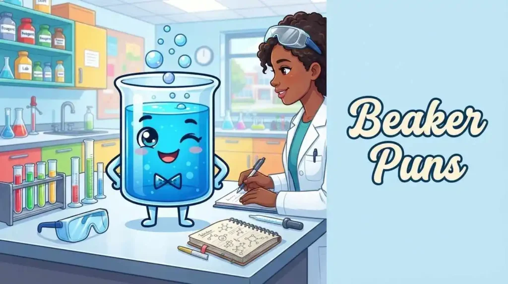 Funny scientist holding colorful beaker