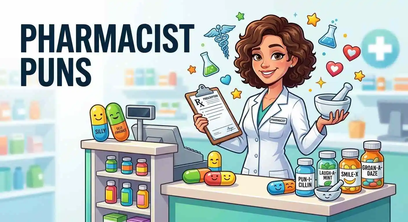 Funny pharmacist at pharmacy