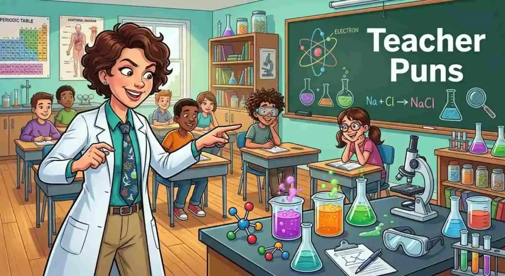 Funny science teacher in classroom