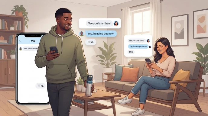 Two adults texting as one signs off with TTYL, representing a casual goodbye and future conversation