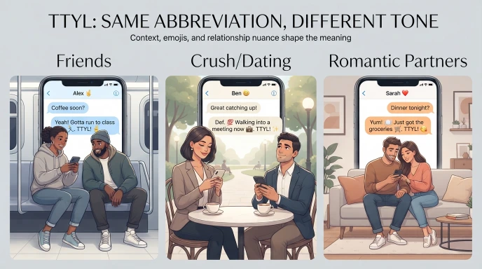 Friends and romantic partners using TTYL in different texting contexts with varying tones