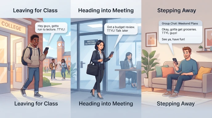 Adults using TTYL in everyday text conversations before leaving for class, work, or other activities