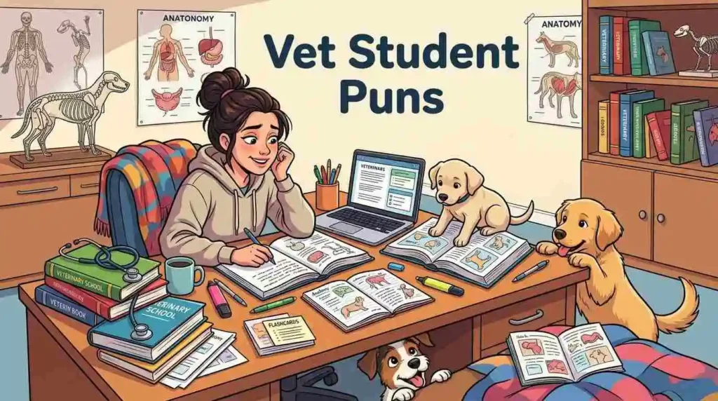 Vet student studying with puppies